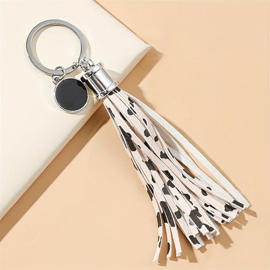 Cow Pattern Tassel Keychain PU Round Pendant Luggage Backpack Key Ring
