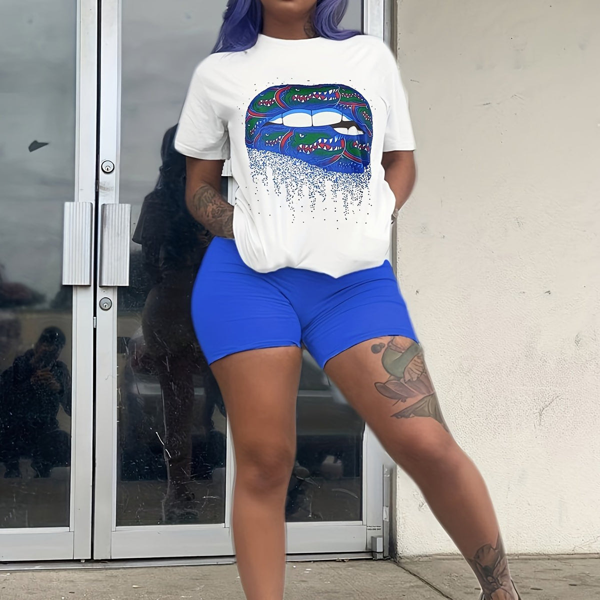 Lip Print T shirt & Solid Shorts Set Women's Outfit