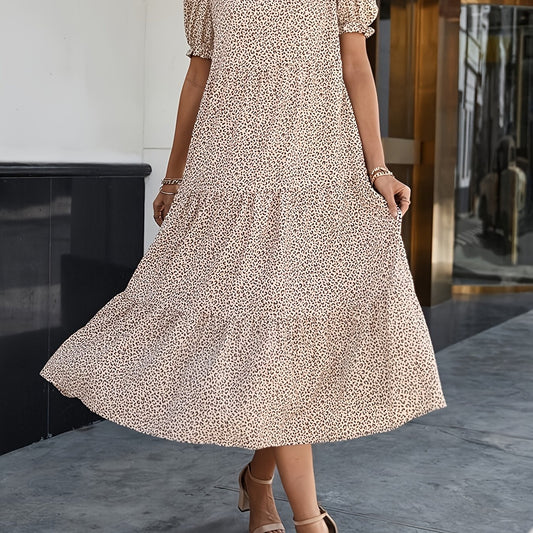  Leopard Print Puff Sleeve Smock Maxi Dress
