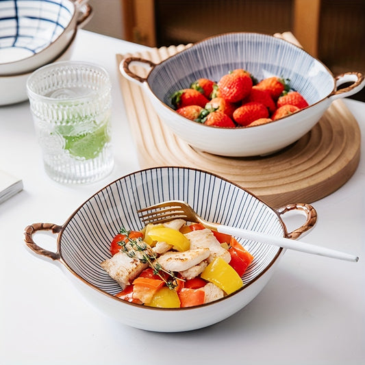 Ceramic Retro Style Two Ear Bowl High Beauty Noodle Bowl for Salad Fruit Pasta