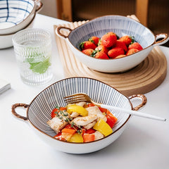 Ceramic Retro Style Two Ear Bowl High Beauty Noodle Bowl for Salad Fruit Pasta