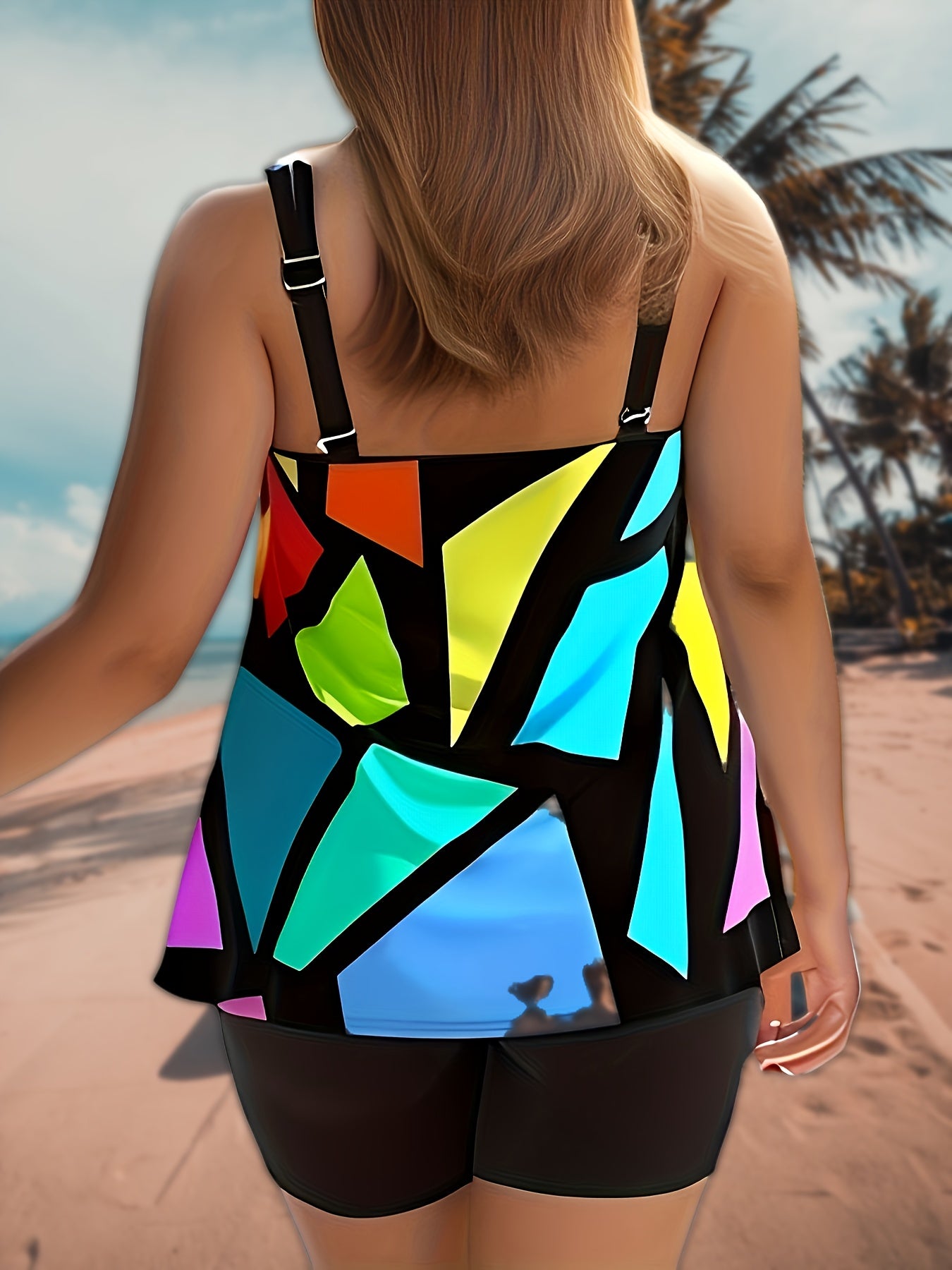  Retro Tankini Set Geometric Print Cami Top & Shorts Swimsuit