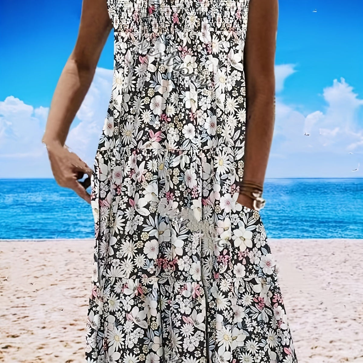  Floral Print V Neck Midi Tank Dress With Pocket