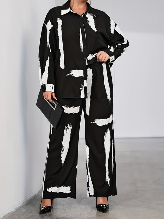Women's Plus Brush Print Shirt & Loose Pants Outfit Set