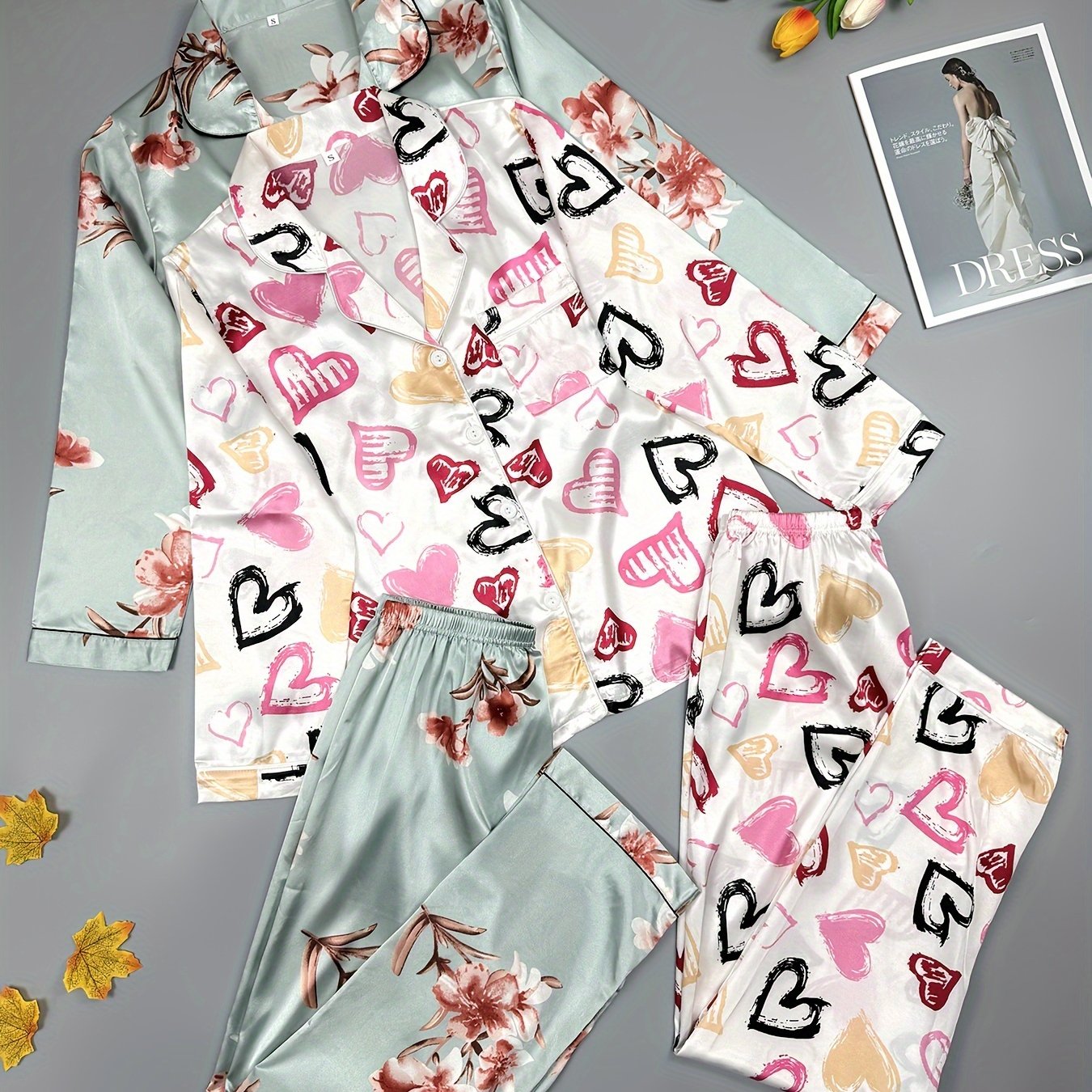 Heart & Floral Print Pajama Set Long Sleeve Buttons Top & Elastic Waistba