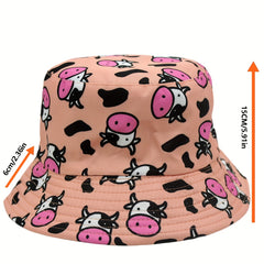 Versatile Sunshade Bucket Hat Cow Cartoon Print Unisex Daily Shopping