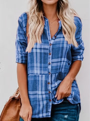  Plaid Print Button Up Long Sleeve Blouse