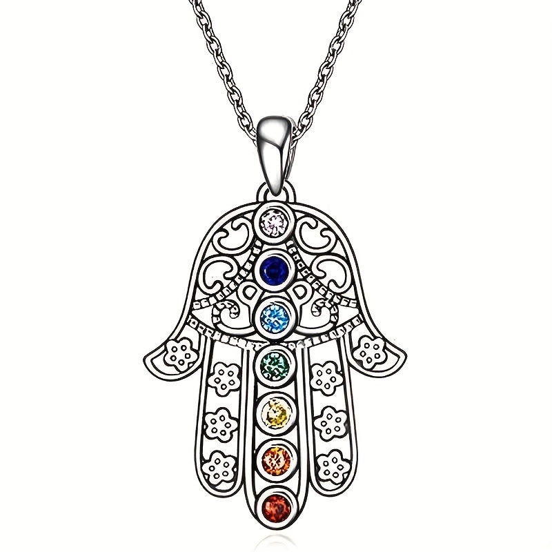7 Chakra Palm Pendant Yoga Healing Stone Necklace Energy Balance Jewelry