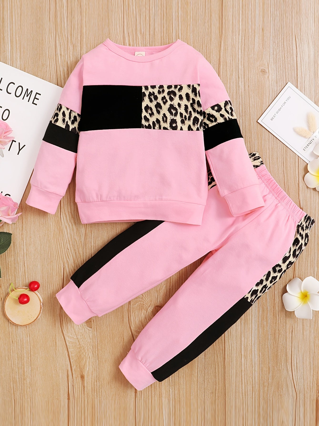 2pcs Baby Girls Leopard Print Sweatshirt & Pant Set