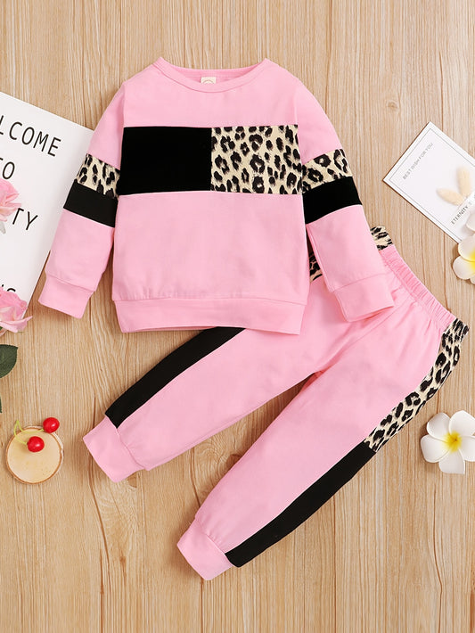 2pcs Baby Girls Leopard Print Sweatshirt & Pant Set
