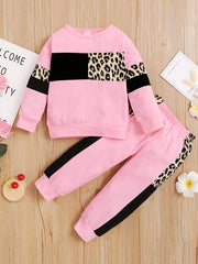 2pcs Baby Girls Leopard Print Sweatshirt & Pant Set