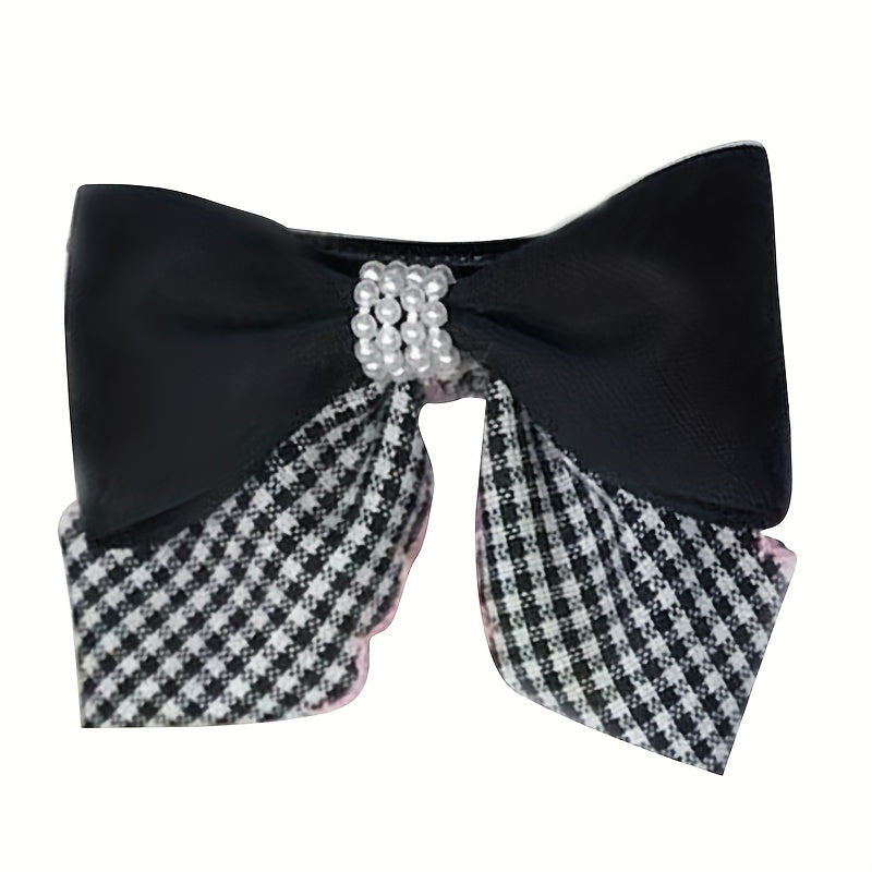 Plaid Pattern Faux Pearl Bowknot Duck Billed Clip Clothing Decoration