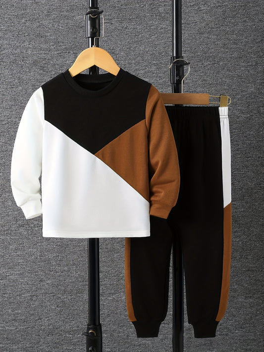 Boy's 2pcs Clash Sweatshirt & Sweatpants Set for Spring Fall
