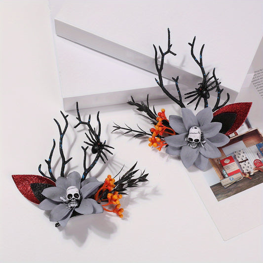 2pcs Halloween Antlers Skull Hair Clips Elk Horn Floral Headwear