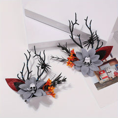 2pcs Halloween Antlers Skull Hair Clips Elk Horn Floral Headwear