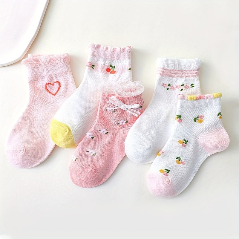 5 Pairs Girls Heart Floral Socks for Spring and Summer