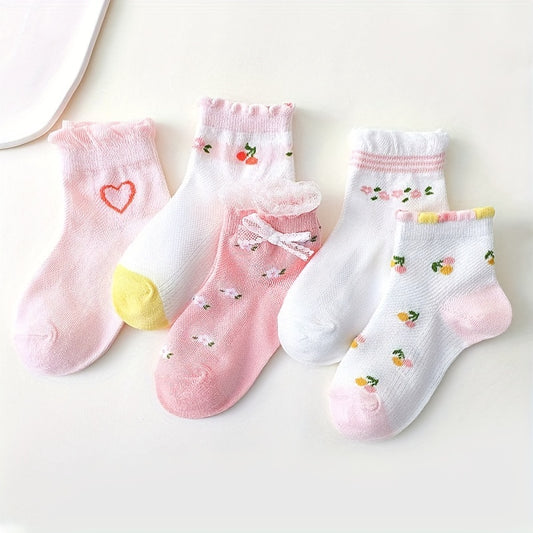 5 Pairs Girls Heart Floral Socks for Spring and Summer