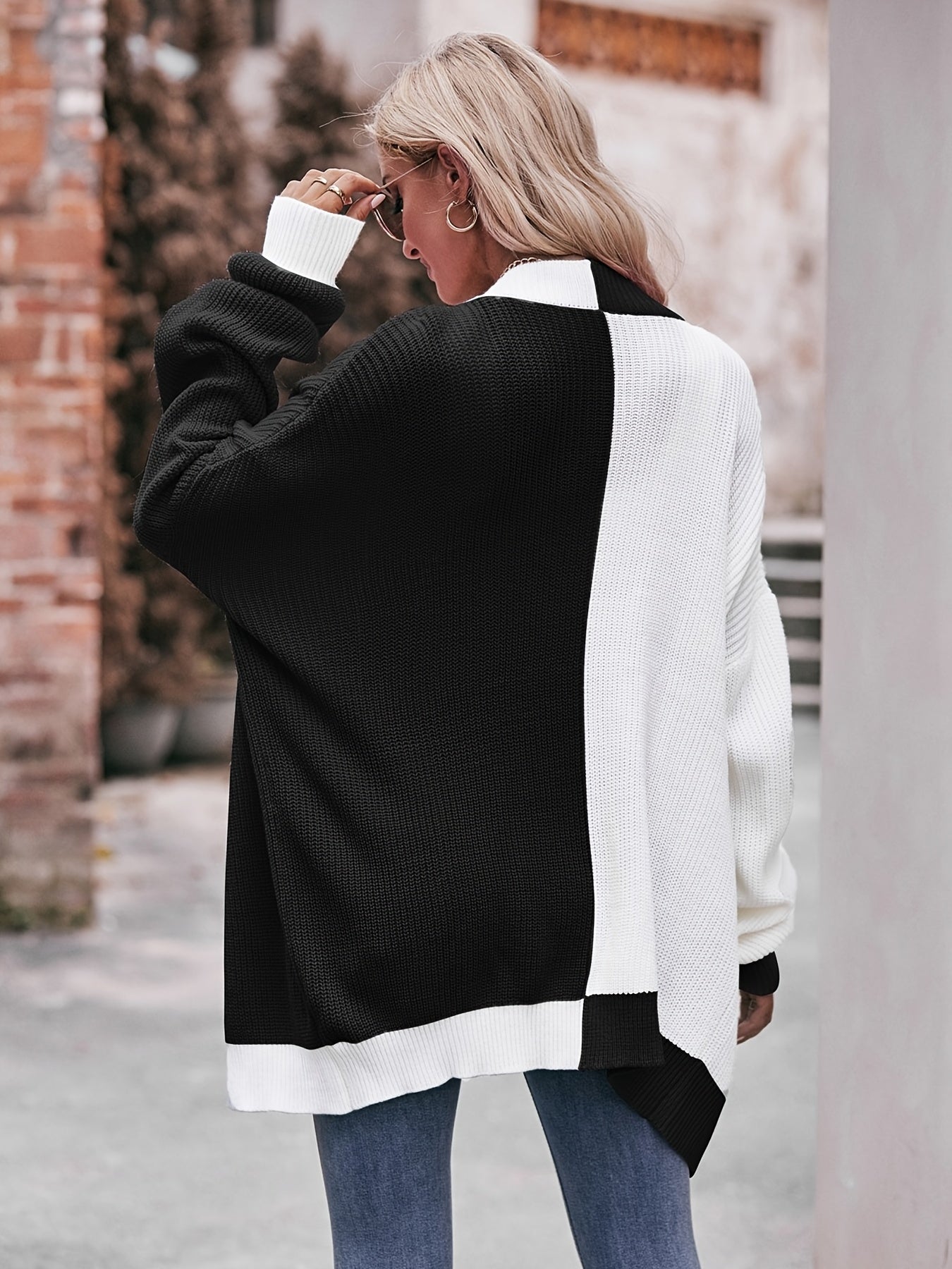  Colorblock Long Sleeve Open Front Cardigan