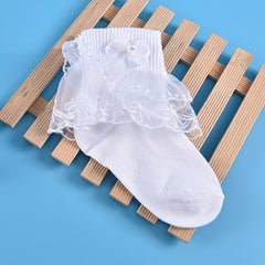 3 Pairs Girls Lace Brim Ruffled Bow Knit Crew Socks