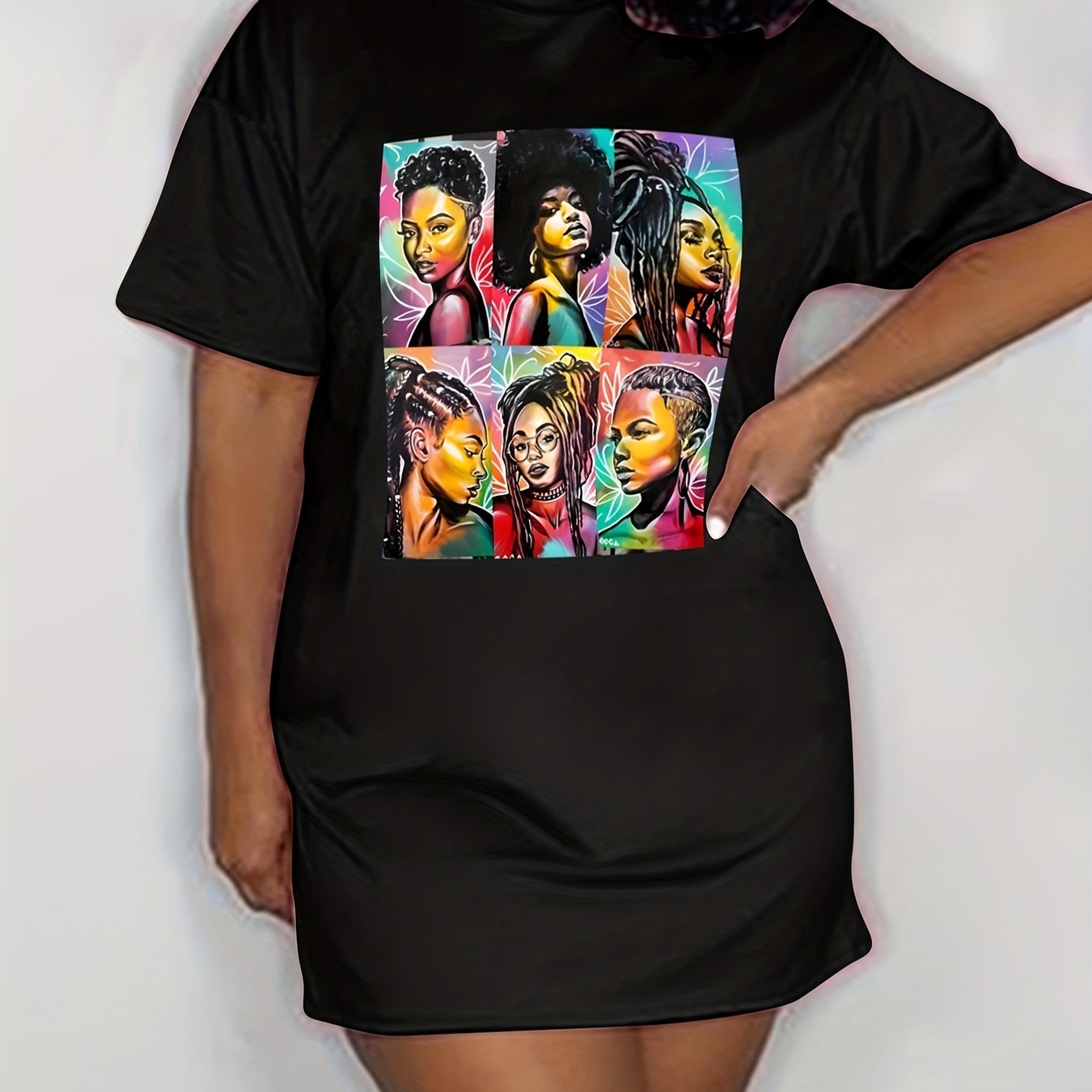  Casual Tee Dress Figure Print Short Sleeve High Stretch