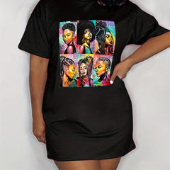 Casual Tee Dress Figure Print Short Sleeve High Stretch