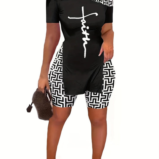  Women's Cross & Greek Print One Shoulder Two Piece Set