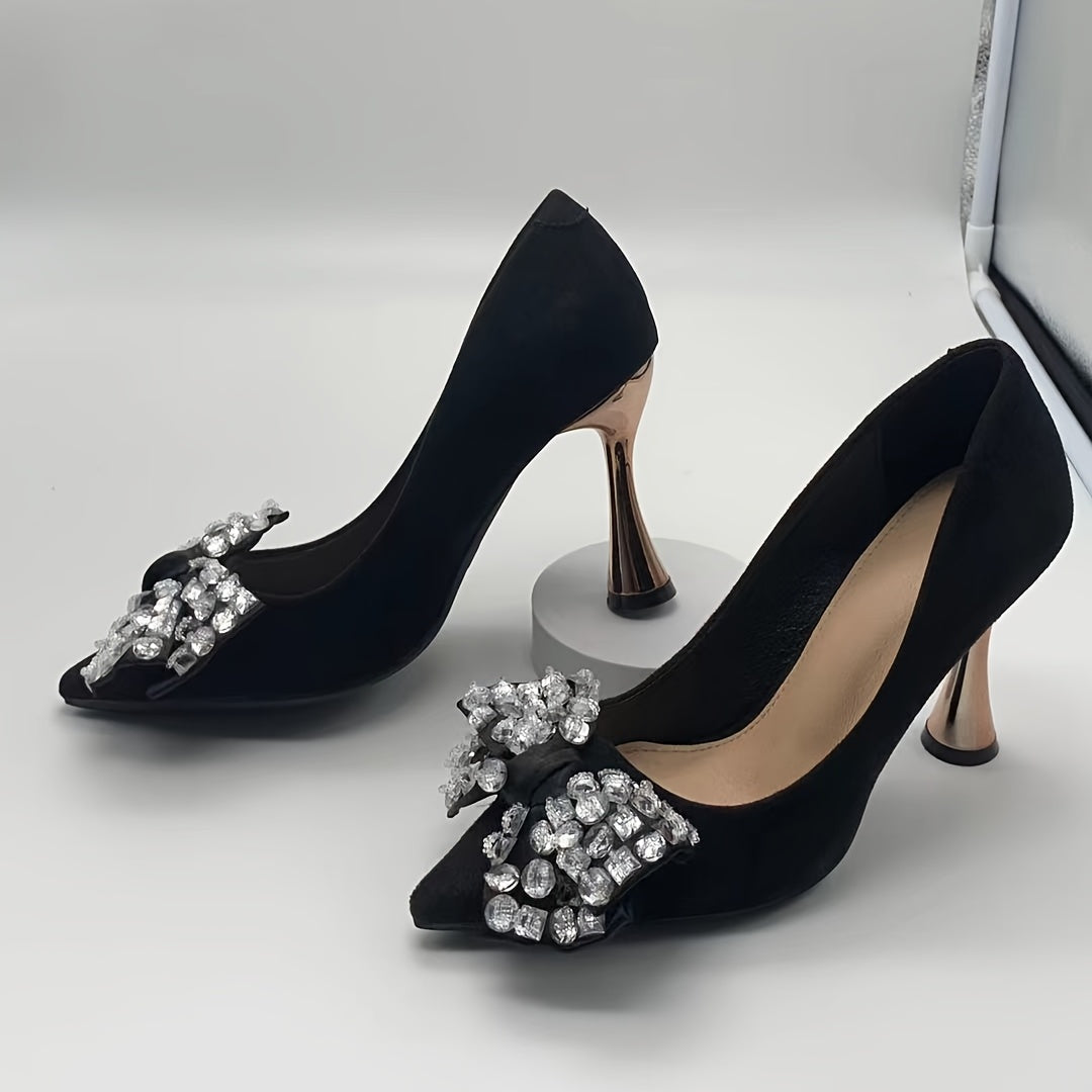 Rhinestone Bow High Heel Pointy Pumps Slip On Dress Shoes