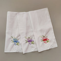 Vintage Linen Handkerchief Floral Embroidery 6pcs