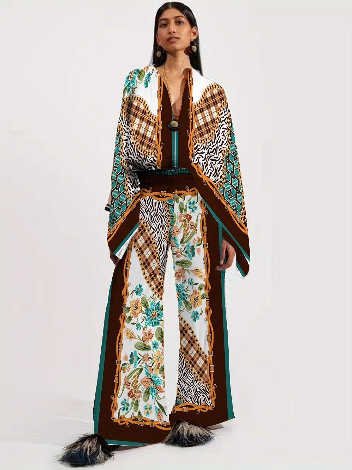 Ethnic Print Two Piece Set Blouse & Pants Outfit