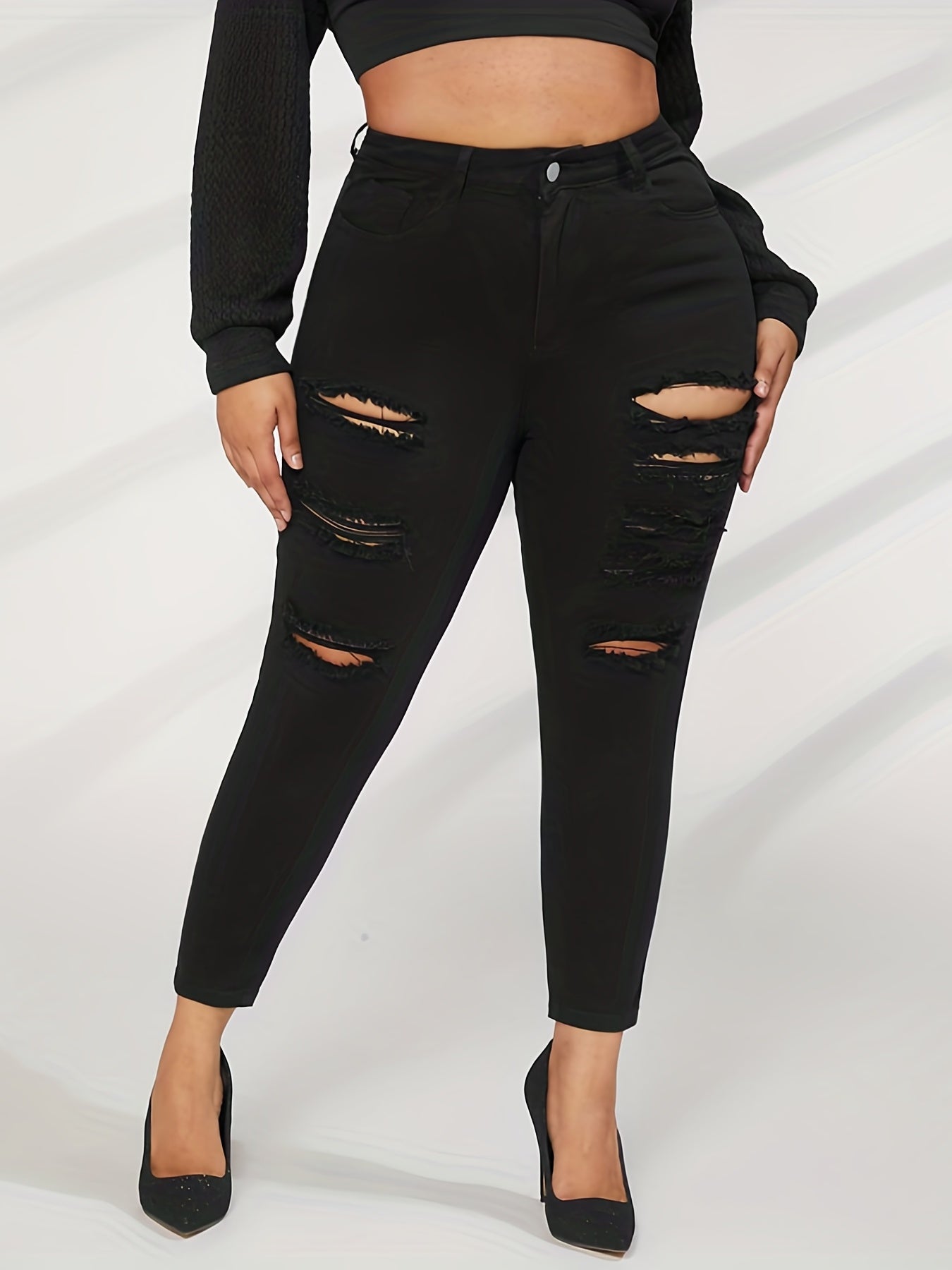  Solid Ripped High Rise Jeans