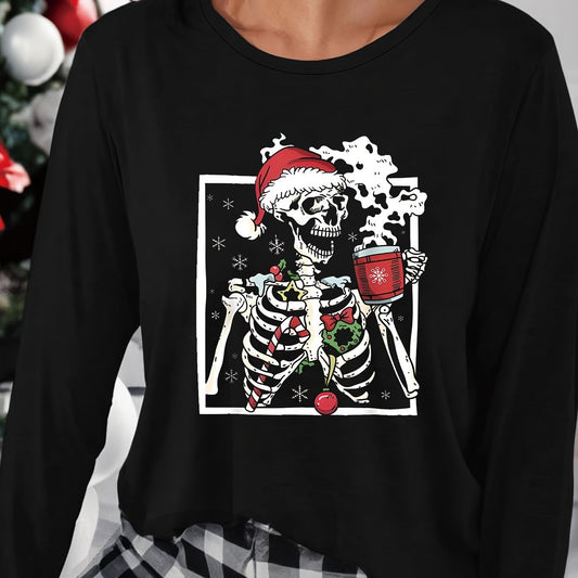 Skull & Christmas Hat Lounge Top Long Sleeve Crew Neck Women's Loungewear