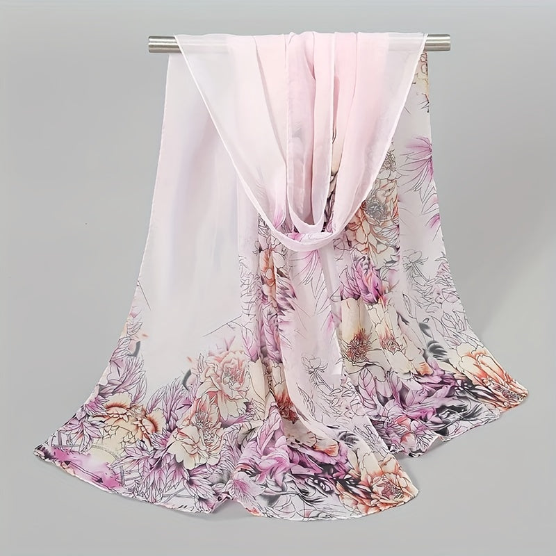 Peony Print Chiffon Scarf Gradient Silk Thin Shawl Hijab
