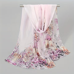 Peony Print Chiffon Scarf Gradient Silk Thin Shawl Hijab