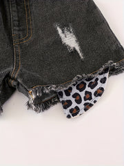 Girls Distressed Leopard Pattern Denim Shorts Kids Summer Beach Pants