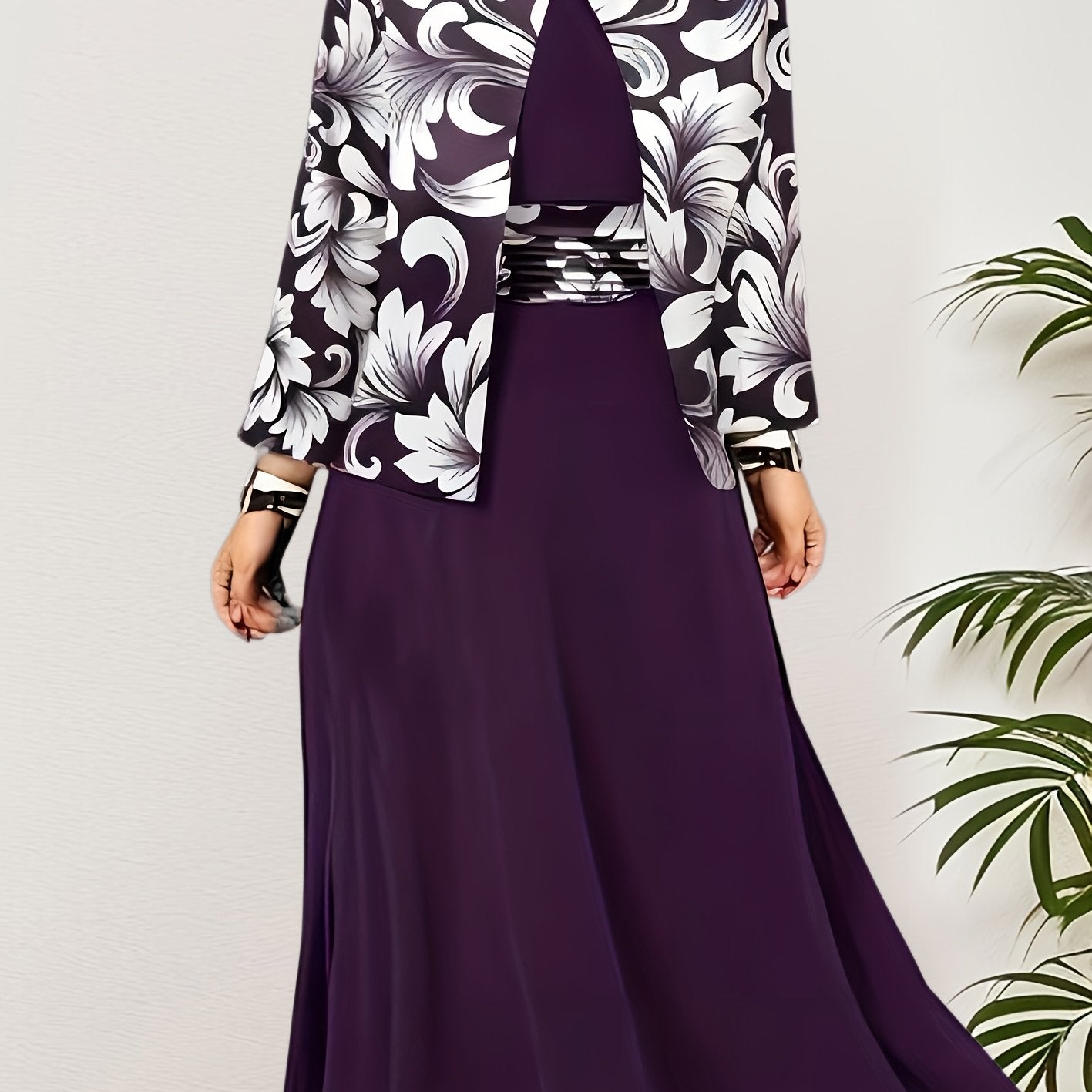 Floral Print 2pc Dress Set Long Sleeve Open Front Top & Block Dress