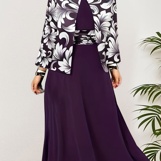 Floral Print 2pc Dress Set Long Sleeve Open Front Top & Block Dress