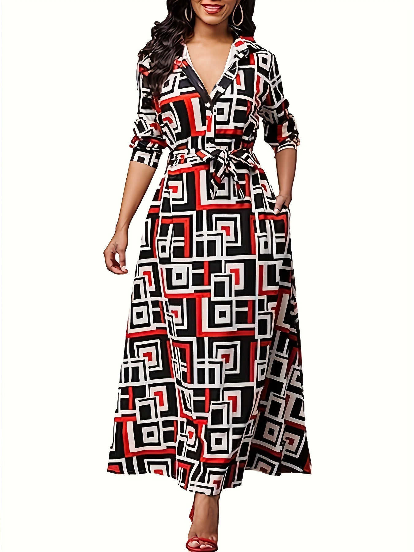 Geometric Print Long Sleeve Belted Dress