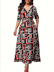 Geometric Print Long Sleeve Belted Dress