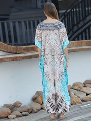  Boho Cover Up Women's V-neck Geometric Print Batwing Sleeve Split