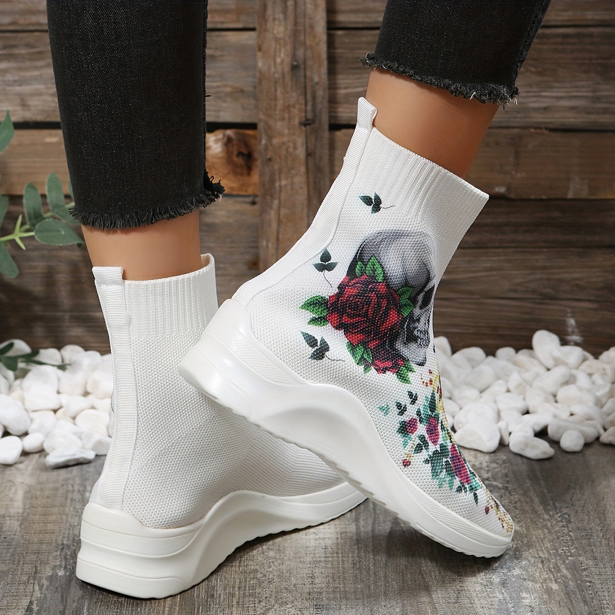 Women's Stretch Sock Boots Skull Rose Knit Ankle Boots Halloween Slip On