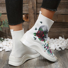 Women's Stretch Sock Boots Skull Rose Knit Ankle Boots Halloween Slip On