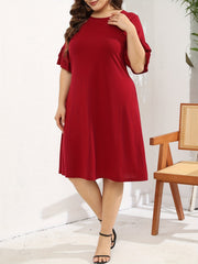 Women's Plus Solid Ruffle Trim Layered Sleeve Midi Dress