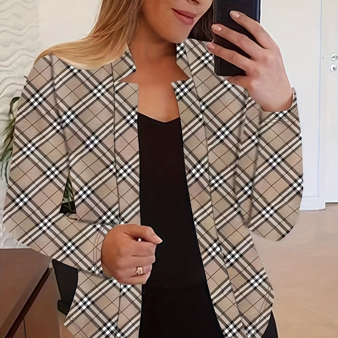  Plaid Print Long Sleeve Split Collar Blazer