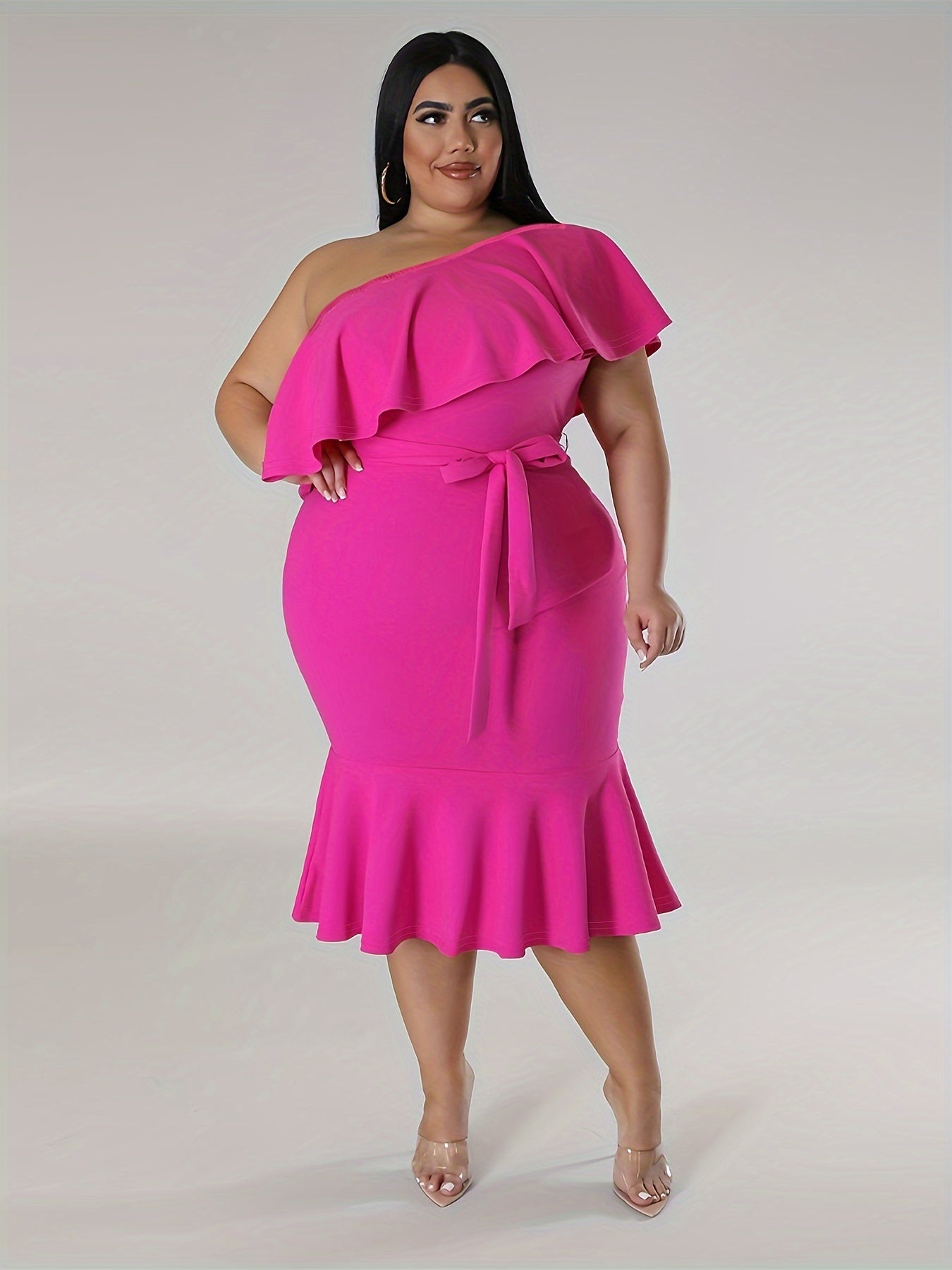 Plus Size One Shoulder Ruffle Mermaid Dress with Belt