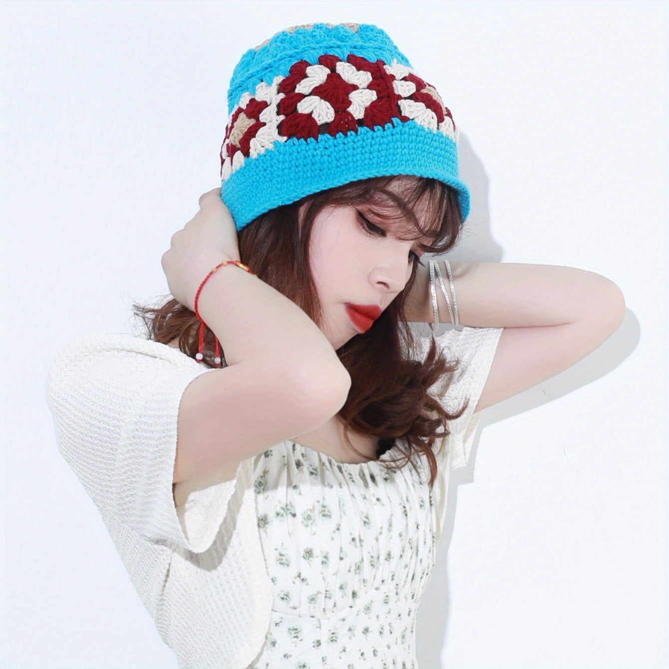 Flower Crochet Bucket Hat Knitted Hollow Cloche Hat Bright Block