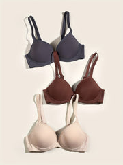 3pcs Solid T Shirt Bras Comfortable Push Up Bra Women's Lingerie