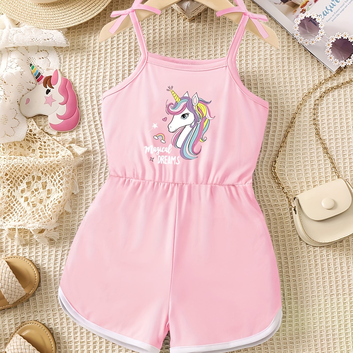 Girls Unicorn Print Bow Straps Cami Jumpsuit Kids Summer Clothes