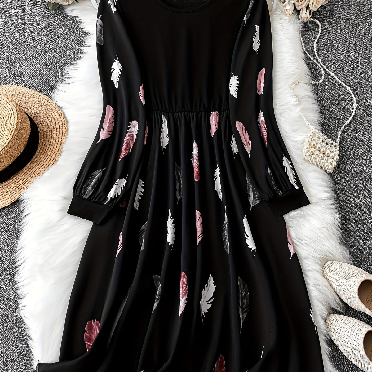  Colorblock Feather Print Long Sleeve Round Neck Dress