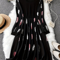  Colorblock Feather Print Long Sleeve Round Neck Dress