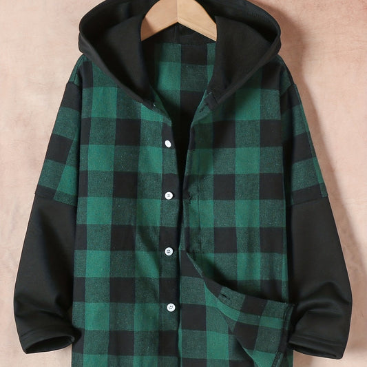 Boys Plaid Hooded Shirt Jacket For Spring And Autumn